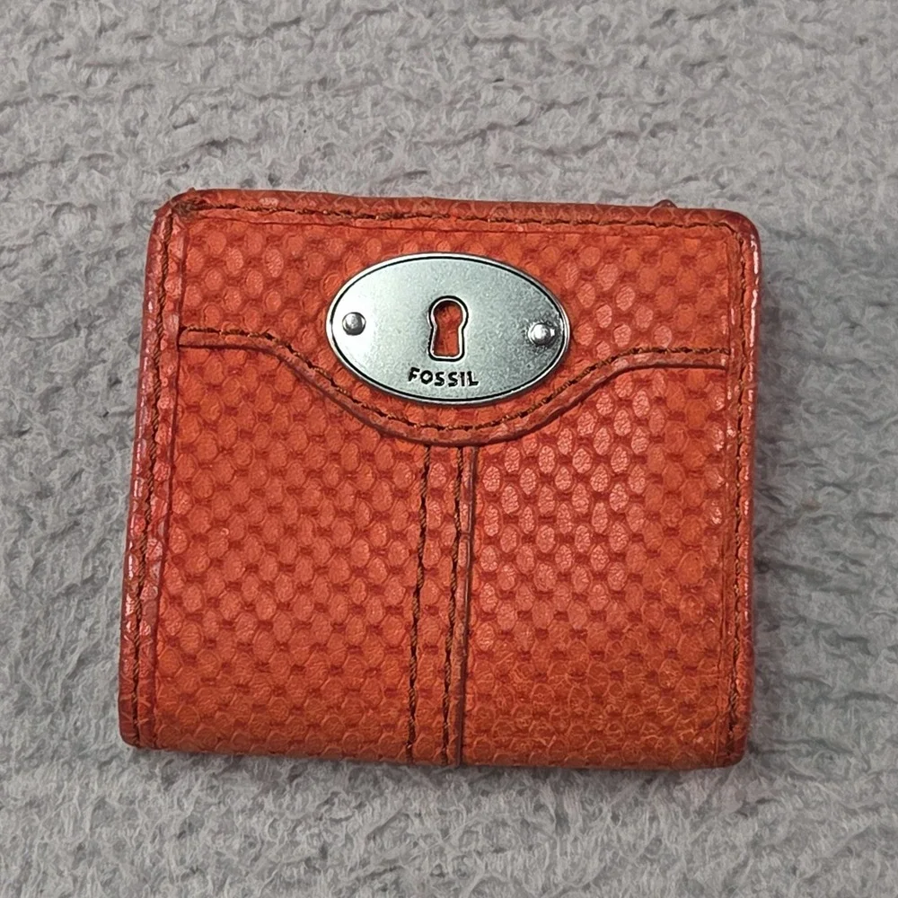 Fossil Key-Per Wallet Womens Maddox Orange Leather Pocket Gator Emboss VTG Y2K